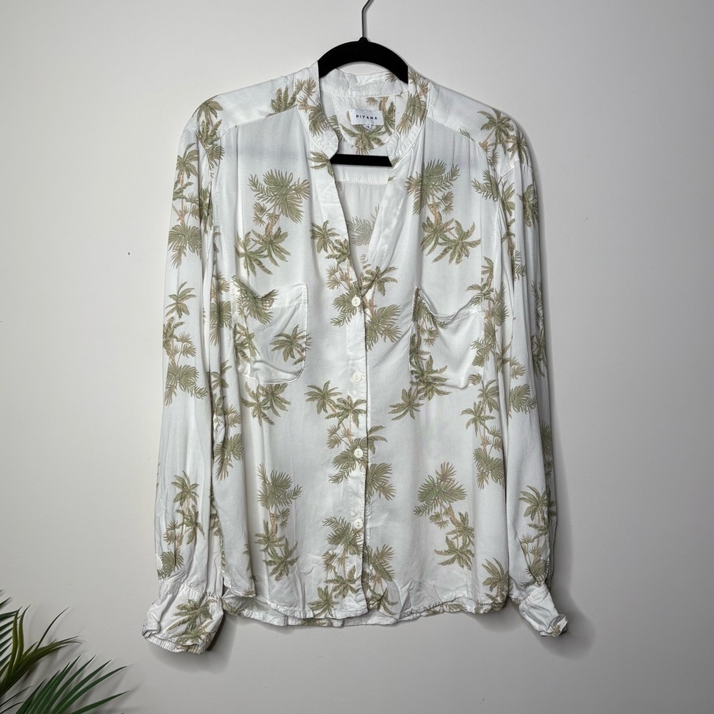 Piyama Palm Tree Tropical Print Maggie sleepwear Top Long Sleeve Button Shirt